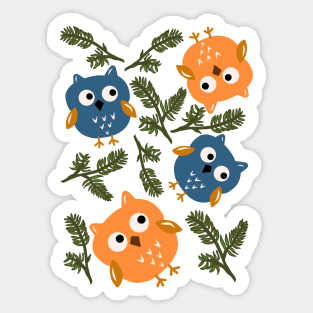 Owl And Pine Tree Pattern On Dark Blue Sticker